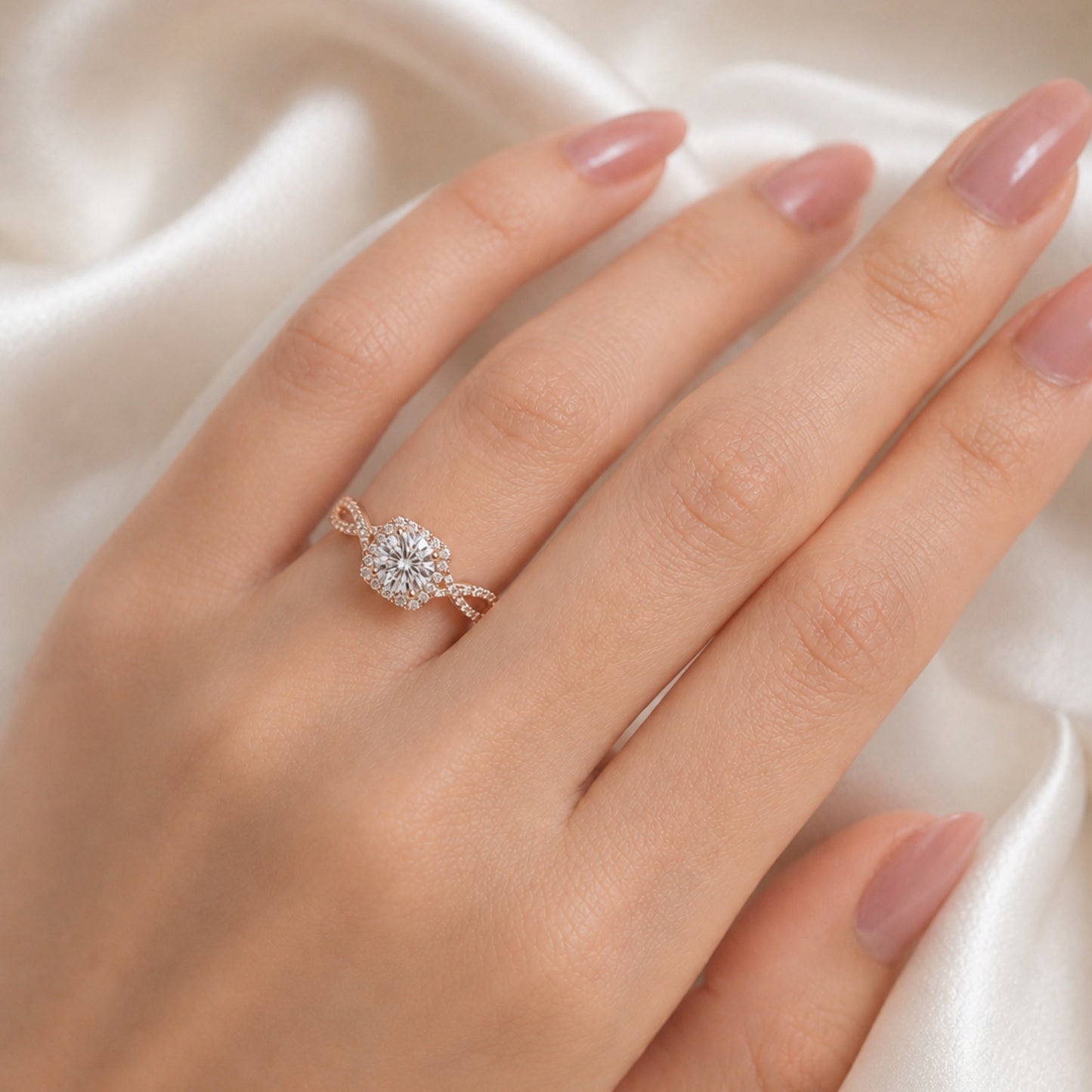1.50 CT Round Lab Grown Diamond Ring | Twisted Pavé Halo Engagement Ring | Gold Bridal Ring