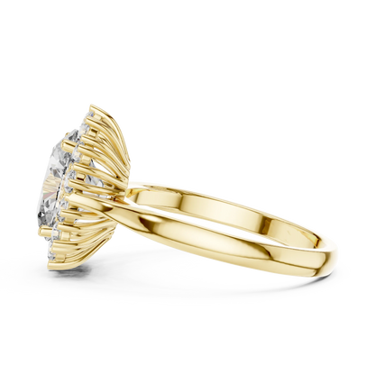 Oval Cut Lab Grown Diamond Halo Engagement Ring in Yellow Gold, Floral Cluster Promise Ring, Vintage Anniversary Gift