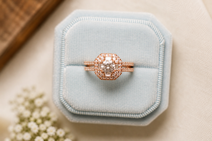 1.25 CT Round Lab Grown Diamond Engagement Ring Set | Double Band Halo Bridal Set | Rose Gold Wedding Ring Set
