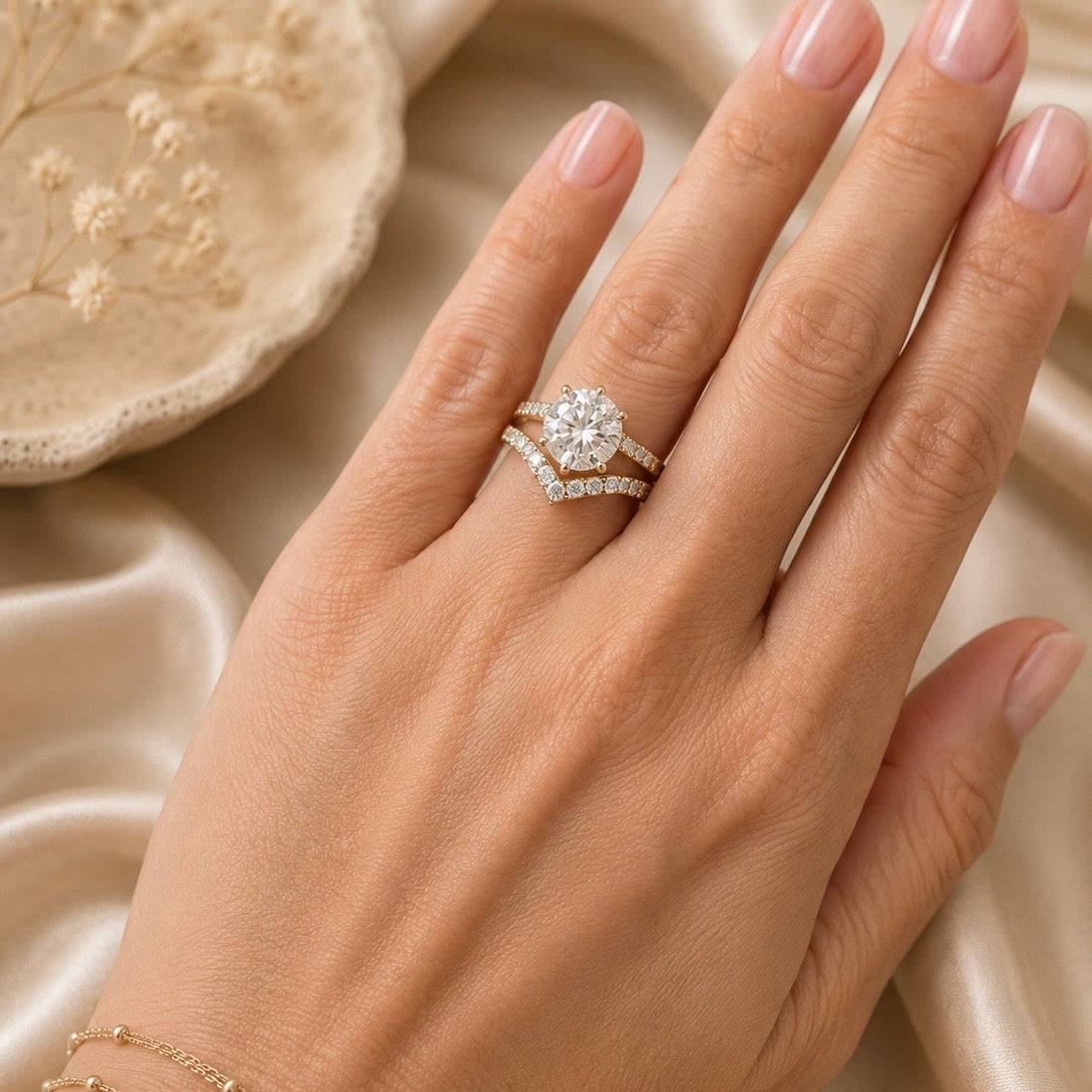 Chevron Pavé Diamond Ring in Yellow Gold | V Shaped Stackable Wedding Band