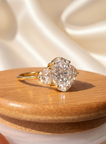 5.3 Carat Oval Cut Lab Grown Diamond Engagement Ring Half Moon Side Stones Ring | Three Stone Luxury Ring | 2.5 MM Band