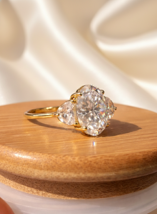 5.3 Carat Oval Cut Lab Grown Diamond Engagement Ring Half Moon Side Stones Ring | Three Stone Luxury Ring | 2.5 MM Band
