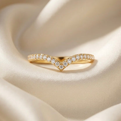Chevron Pavé Diamond Ring in Yellow Gold | V Shaped Stackable Wedding Band