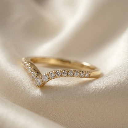 Chevron Pavé Diamond Ring in Yellow Gold | V Shaped Stackable Wedding Band