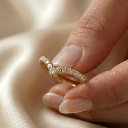 Chevron Pavé Diamond Ring in Yellow Gold | V Shaped Stackable Wedding Band
