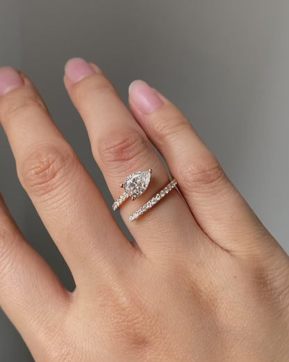 1.70 CT Pear Cut Diamond Open Ring, Wrap Engagement Ring, Pavé Diamond Band, 2MM Band, Adjustable Open Ring, Modern Bridal Ring